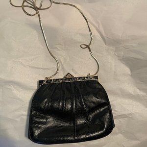 1980s	Judith Leiber	Black Leather Snakeskin Crossbody Mini-Bag 20" Strap